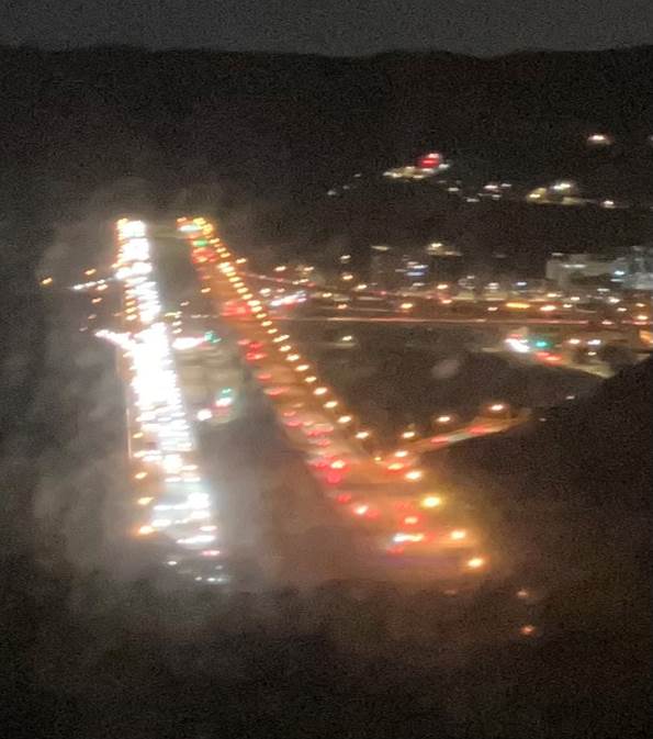 A bridge with lights at night